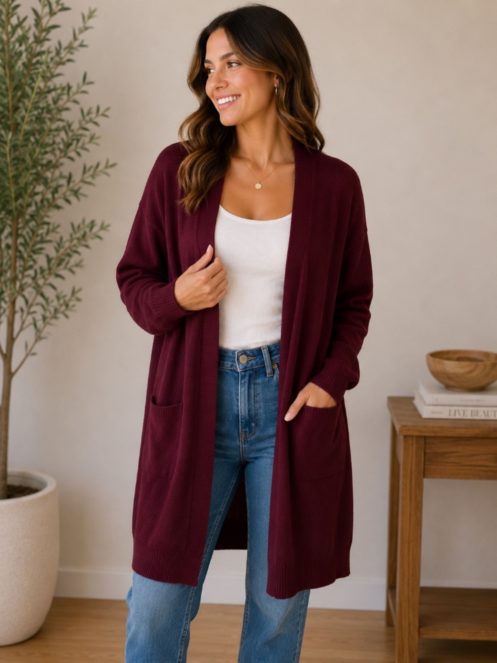 Abound Women's Wine Red Open Front Cardigan, size XL